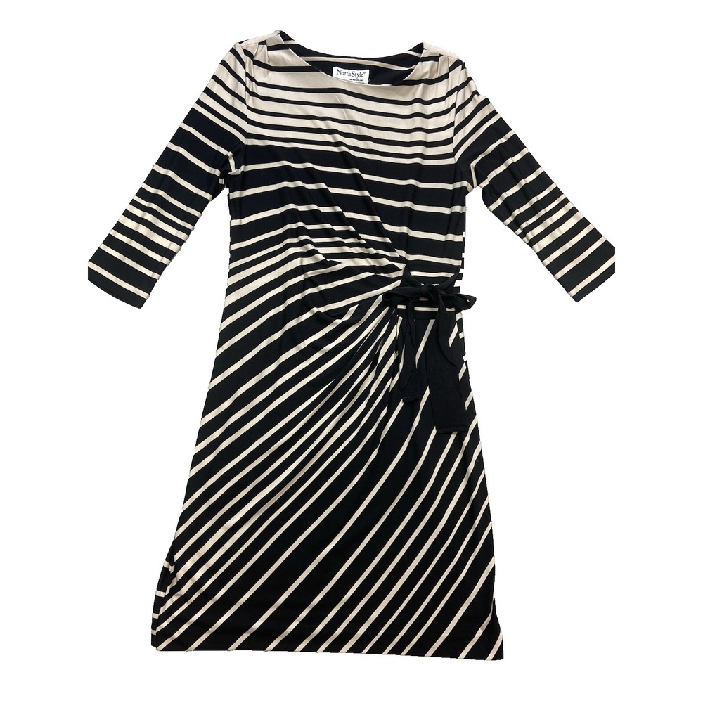 NorthStyle Women Faux Wrap Dress SP Black Beige Stripe‎ 3/4 Sleeve Tie Waist